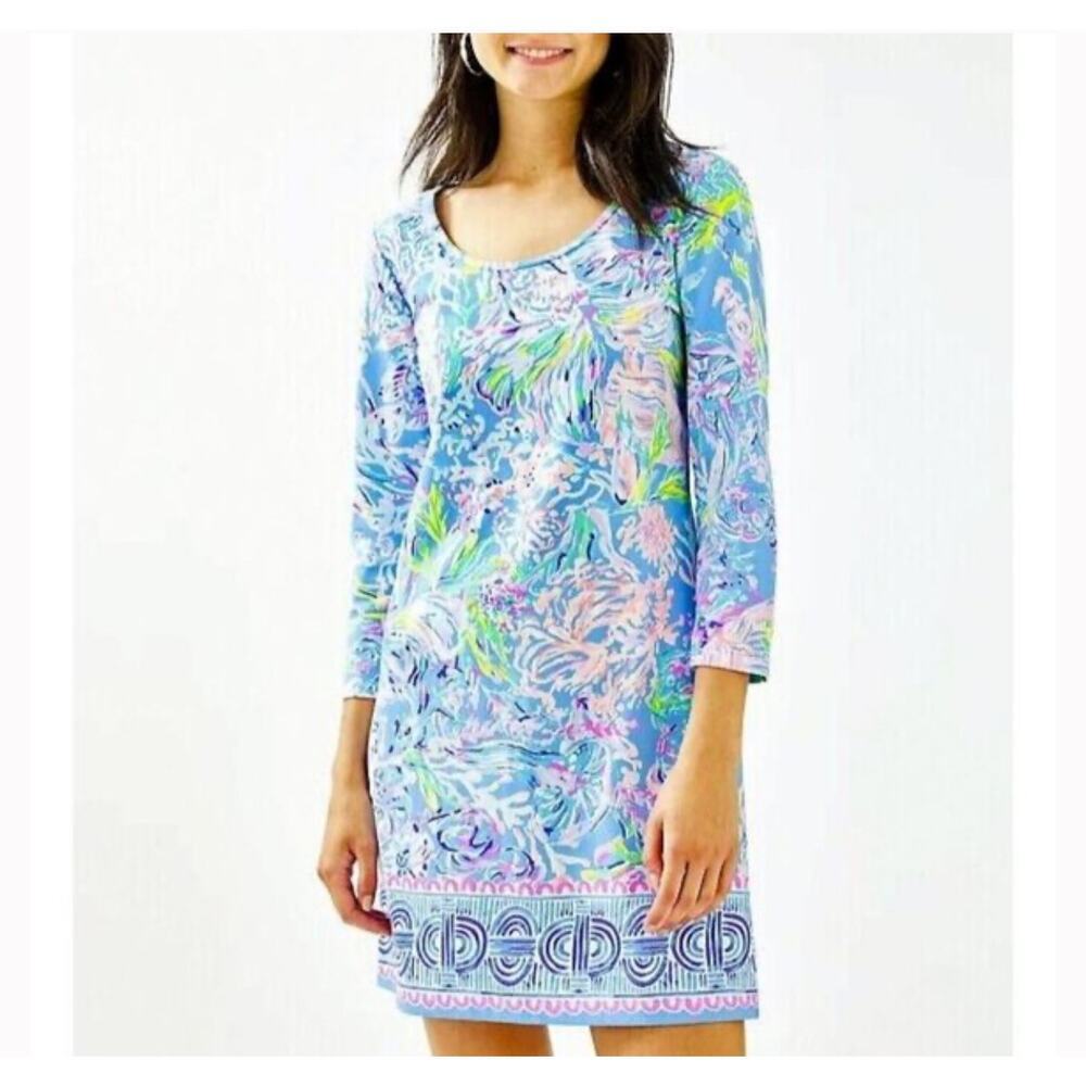 Lilly Pulitzer BEACON DRESS All Together Now Knit Blue Pink Lilac S